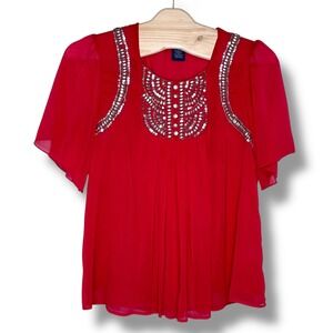 Denim 24/7 Red Embellished Top 20W Plus Size Sequin Beaded Party Blouse